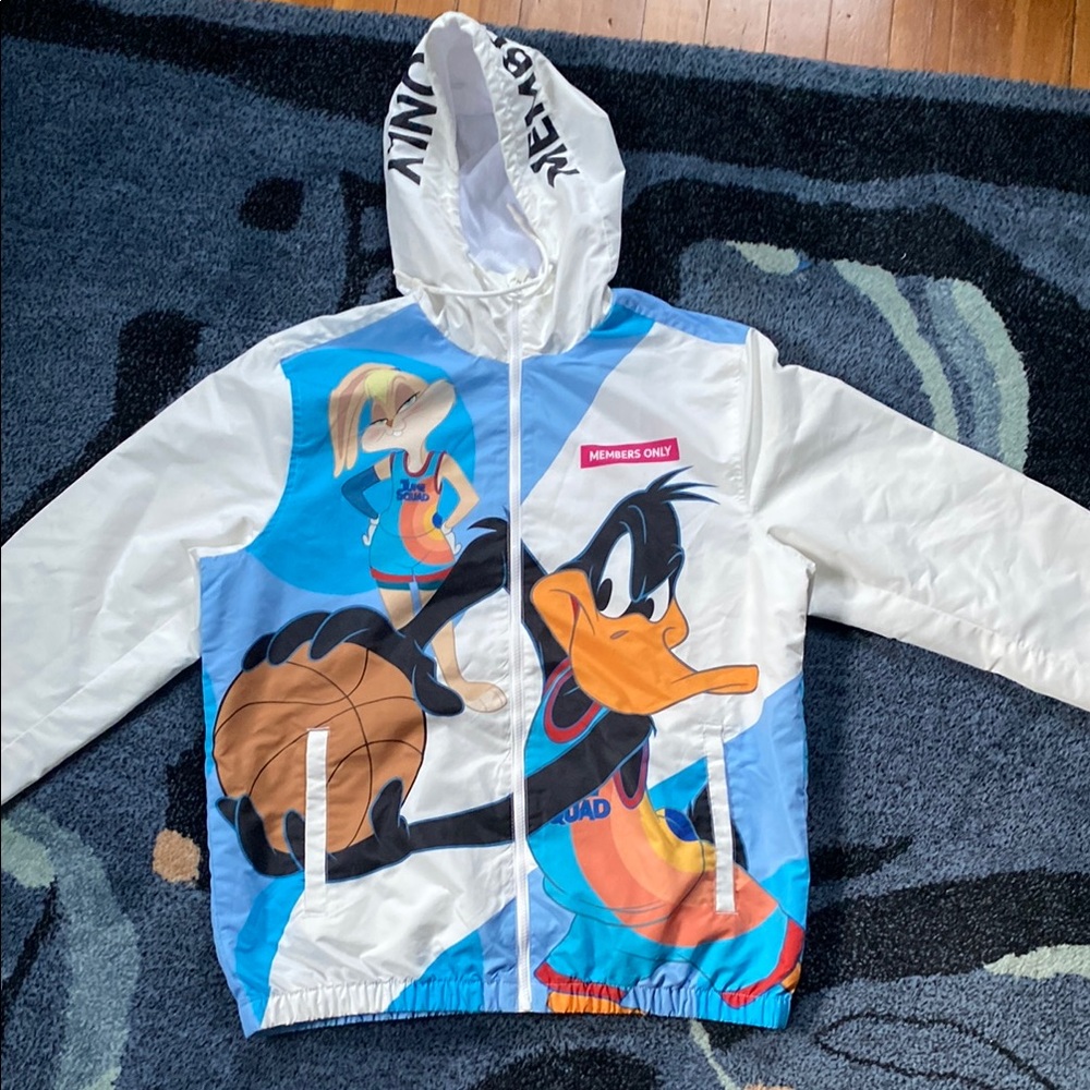 Members Only White and Blue Windbreaker with Cartoon Print